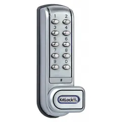 Electronic keypad cabinet and locker lock with cam latch mechanism. Powder coated finish. Body height 1 5/8 in, body width 5 3/8 in. Suitable for securing cabinets, lockers, and storage units in commercial and institutional settings.