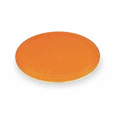 Round amber stick-on reflector with 3 in diameter, made of acrylic. Complies with FMVSS standards. Used for marking vehicles, trailers, and industrial equipment to enhance visibility in low-light conditions.
