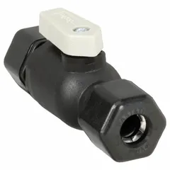 One-piece straight polypropylene ball valve with sweat x sweat connections and lever handle. NSF 51 compliant. Used for on/off or flow control in plumbing and industrial piping systems handling water, chemicals, or food-grade fluids.