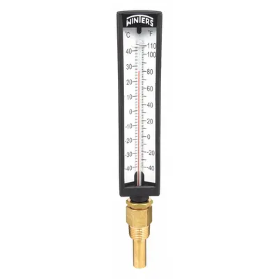 WINTERS Industrial Glass Thermometer: -40°F to 110°F /-40°C to 40°C - Lead-Free Fixed-Angle Thermometer with Thermowell