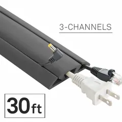 This flexible rubber cable floor cover manages and protects cables in high-traffic areas. It features three channels to organize cables, with an overall width of 2 5/8 inches, height of 5/8 inches, and length of 30 feet. The gray rubber construction helps prevent tripping hazards and cable damage.