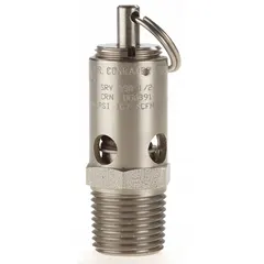 Soft seat pneumatic safety valve with 1/2 in (M)NPT inlet, preset at 300 psi. Stainless steel body and internals with Viton seal. Used for overpressure protection in compressed air systems and pneumatic circuits.