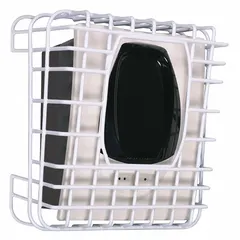 This steel guard is designed for indoor use with beam smoke detectors. It mounts on walls via surface mount and includes mounting hardware. The white guard helps protect the detector from vandalism and accidental damage.