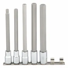 This 25-piece hex bit socket set features a 1/2 in drive size and a replaceable insert. The set includes 5 pieces covering metric hex bit sizes from 8 mm to 17 mm. Suitable for assembly, maintenance, and repair tasks in industrial fastening applications.