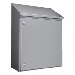This RITTAL enclosure is constructed from 304 stainless steel, measuring 821 mm x 610 mm x 300 mm. It is rated NEMA 1/12/13/3/3X/4/4X for indoor or outdoor use where corrosion resistance is required. The enclosure closes with a 1/4-turn latch and does not include knockouts. Typical applications include protecting electrical controls, terminals, and instruments in industrial environments.