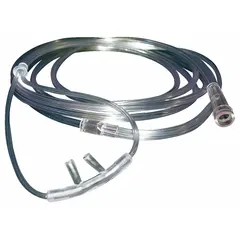 PVC nasal cannula for adult patients, featuring non-flared tips and a 14 ft tube length. Designed for delivering supplemental oxygen in clinical or home care settings.