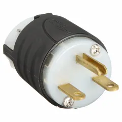 This status-indicating straight blade plug provides visual confirmation of power status through its black/white housing. Rated 250V AC and 15 A, it features a 6-15P configuration with 2 poles and 3 blades. Suitable for use in commercial and industrial power distribution applications where quick identification of energized circuits is required.