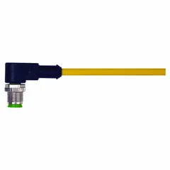 Single-ended cordset with a yellow TPE jacket for heaviest-duty applications. Features an M12 male right-angle connector to bare wire, 3 pins, 3 m cable length, 4 A max current, and IP66K rating. Wire sizes are 19 AWG/22 AWG.
