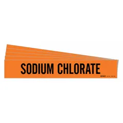 Adhesive pipe marker with orange background and black legend reading 'Sodium Chlorate'. Designed for pipes with outer diameter of 8 inches and larger. Pack of 5 markers without directional arrows. Used to identify piping systems carrying sodium chlorate in industrial facilities.