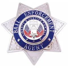 This metal badge features a star design with a silver finish. It measures 3 inches by 3 inches and is constructed of metal. The badge includes a pin and safety catch for attachment to clothing. Typical use includes identification for security or law enforcement personnel.