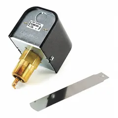 Insertion-style paddle flow switch for liquid service in industrial piping systems. Designed for 1 in pipe size with a 1 in NPT connection. AC contact rating of 22.2 A at 240V (locked rotor). Used to detect liquid flow to protect equipment such as pumps and heaters.