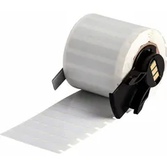 Vinyl wraparound label, black on white, sized 1/4 in x 1 1/2 in. Designed for permanent identification of wires from 10 AWG to 4 AWG. Compatible with BMP71 printer series and requires M7-R6200 ribbon for printing. Used in industrial panel building and electrical maintenance for cable marking.
