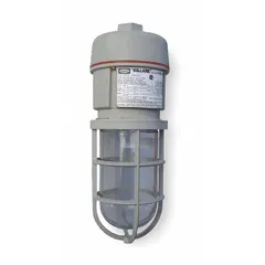 This bulb-dependent jelly jar light fixture is rated for Class II, Division 2, Groups F and G hazardous locations where combustible dust may be present. It operates at 120/277V AC with a T2B temperature code and supports a 150 W incandescent lamp. The suspended mount design is suitable for use in grain elevators, flour mills, and chemical plants.