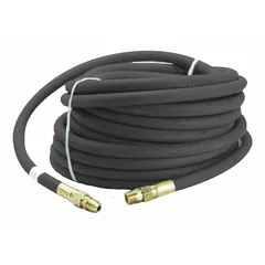 Rubber airline hose for supplied-air respirator systems. 100 ft length with 3/8 in inside diameter, rated for maximum pressure of 200 psi. Suitable for supplying breathable air in industrial environments such as painting, chemical handling, welding, and confined-space entry.