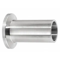 This straight vacuum tube fitting connects 1 in OD tubing to 1 in pipe using a NW x Butt Weld configuration. Made of 304 stainless steel, it is rated for vacuum service to 10⁻⁷ torr at 72°F. Trade number 25. Suitable for high-vacuum systems in industrial and research applications.