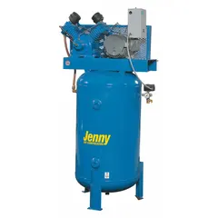 Vertical 80-gallon tank, 2-stage, splash-lubricated electric air compressor. Delivers 17.5 cfm at 175 psi, powered by 240V AC single-phase. Suitable for powering pneumatic tools and other compressed air equipment in workshops and industrial settings.