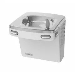 This on-wall single drinking fountain from OASIS features a gray powder-coated stainless steel housing. It delivers chilled water at 8 gallons per hour with a 50°F temperature, operated by front and side push buttons. Suitable for commercial and institutional settings such as schools, offices, and public buildings.