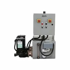This duplex condensate return pump system from STERLCO is designed to collect and return condensate from steam heating systems back to the boiler. It features a 24-gallon cast iron tank, a 1 hp motor operating at 230V AC, and a maximum head of 70 ft. The cast iron construction provides durability in industrial environments.