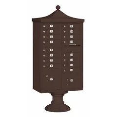 Horizontal multi-unit mailbox with 18 front-access lockable doors. Measures 71 3/4 in H x 31 in W x 18 1/2 in D. Designed for pedestal mounting. Suitable for centralized mail delivery in multi-tenant residential or commercial settings.