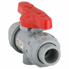 This ASAHI CPVC ball valve features a one-piece straight body with a tee handle for manual two-way flow control. Rated for 150 psi CWP, it is suitable for use in CPVC piping systems requiring corrosion resistance, such as in chemical processing, water treatment, and industrial fluid handling.