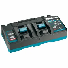 Rapid charger for 40V DC batteries, charging a single 5 Ah battery in one hour. Operates on 120V AC input and is compatible with the Maktrak system. Suitable for job sites, workshops, and industrial applications requiring fast battery turnaround.