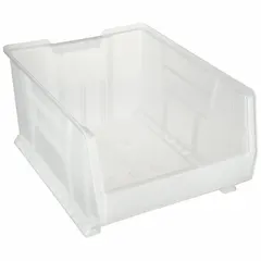 This stationary plastic bin measures 18 1/4 in x 12 in with an overall length of 23 7/8 in. Its clear design allows visual identification of contents, and stacking capability enables vertical storage. Suitable for organizing components in warehouses, manufacturing facilities, and maintenance shops.