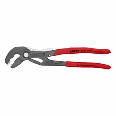 Push-button adjustable pliers with curved serrated jaws for gripping, turning, and clamping nuts, pipes, and fittings. Overall length 10 in, maximum jaw opening 2 3/4 in. Suitable for industrial maintenance, plumbing, and mechanical work.