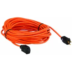 This outdoor extension cord features a 50 ft length with 16/3 SJTW construction for weather resistance. It has a NEMA 5-15P plug and a single outlet, operating at 125V AC. The orange jacket enhances visibility in work areas. Suitable for powering tools, lights, or equipment in outdoor settings such as construction sites, landscaping, or events.
