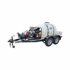 Hot water pressure washer mounted on a trailer for portability. Heavy-duty diesel unit with 4 gpm flow rate. Suitable for removing grease, oil, and grime from equipment, surfaces, and vehicles in industrial, construction, and agricultural settings.
