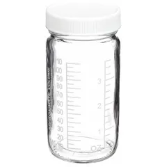 These clear wide mouth round glass lab bottles are made of colorless soda lime glass and feature a 48-400 mm screw closure. Each bottle has a 125 mL capacity, a 52 mm body diameter, and is graduated. Suitable for general laboratory storage of liquids, powders, or samples. Sold in a case of 24 bottles; not pre-cleaned.