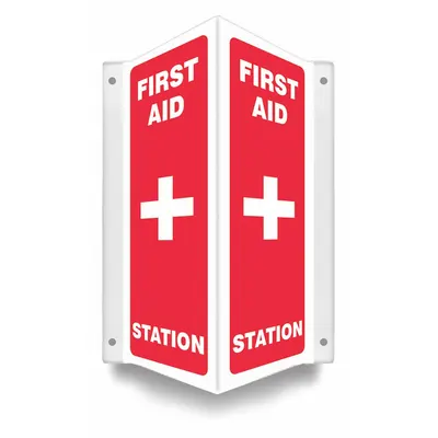 CONDOR Safety Sign: PETG, Mounting Holes Sign Mounting, 12 in x 7 1/2 in Nominal Sign Size - V-Shape Projection First Aid Station Signs