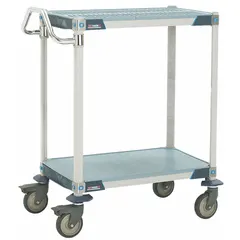 Steel lab cart with two fixed shelves, overall dimensions 24 in wide by 36 in long by 39 in high. Suitable for transporting instruments, glassware, and supplies in laboratory and industrial environments.