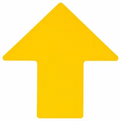 Solid yellow arrow-shaped floor marking tape for directional guidance in industrial environments. Polyester backing with polyester overlaminate resists wear from foot and light vehicle traffic. Each arrow measures 4 in x 10 in with a 0.008 in thickness. Supplied in a 25-pack.