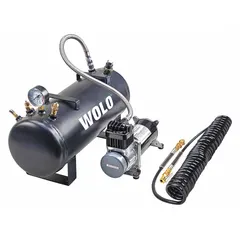 Steel horn compressor in black finish. Includes a 20 ft coiled filler hose with brass fittings. Supplies compressed air to compatible air horn systems for warning signals on trucks, trains, and industrial vehicles.