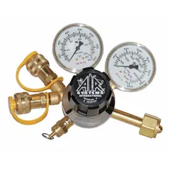 This supplied-air cylinder regulator controls and stabilizes air pressure from a compressed air source for use with supplied-air respirators and breathing air systems. It is suitable for industrial environments requiring regulated breathing air for worker safety.