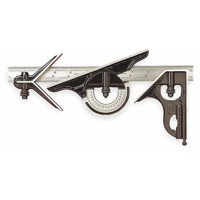 STARRETT Combination Square Set: SAE, Steel, Satin, 12 in Blade Lg - Machinist Precision Steel Combination Square Sets