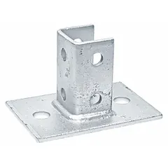 This post base is designed for single strut channels, providing a secure mounting point in industrial framing systems. It is made of steel with a hot-dipped galvanized finish and features six holes for attachment. Typical applications include supporting cable trays, piping, and mechanical equipment.