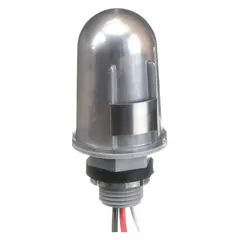 Fixed stem-mounted photocell with a 1/2 in stem diameter. Operates as a SPST switch at 120V AC. Includes a lock nut for secure mounting. Used for automatic dusk-to-dawn lighting control in outdoor applications.
