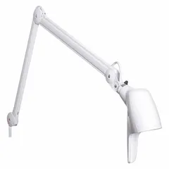 LED wall-mount task light for clinical examination and procedure areas. Delivers 3,400 lux at 18 inches and 2,000 lux at 24 inches with 3000K color temperature and 90 CRI. Operates at 120V AC, 9W. Includes power cord and plug.