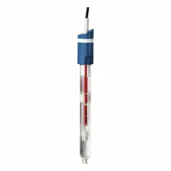 Glass pH laboratory electrode with a porous pin junction. Designed for use with Radiometer MeterLab and Hach Sension+ laboratory meters. Suitable for precise pH measurement in water quality testing and laboratory analysis.