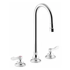 This widespread handle bathroom faucet is constructed from brass with a polished chrome finish. It features a gooseneck spout and delivers a flow rate of 1 gpm. Suitable for bathroom sinks in residential and commercial settings, it provides clearance for handwashing and filling containers.