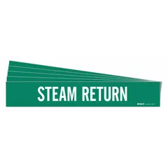 Green pipe marker with white legend reading 'Steam Return', for pipes with outer diameter 2-1/2 to 7-7/8 inches. Pack of 5 markers without arrows. Used to identify steam return lines in industrial piping systems.