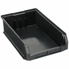 This shelf bin is made from 100% recycled plastic and measures 12 3/8 in x 5 1/8 in with an overall length of 19 3/4 in. It is black and not electrostatic discharge conductive. Dividers are not included. Suitable for organizing small parts, tools, or components on standard shelving in industrial settings.