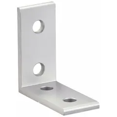 This aluminum inside corner bracket is designed for 25 Series structural framing systems. It measures 50 mm x 23 mm x 4 mm, has four mounting holes, and features a gray anodized finish. Used to reinforce 90-degree inside corners in T-slot profile assemblies for machine frames, workstations, and automation equipment.