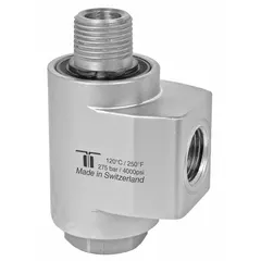 This MOSMATIC rotary union is a nickel-plated C38500 brass elbow with a single passage and a 3/8 in threaded rotating shaft, rated for a maximum speed of 200 RPM. It is used to transfer fluid or air from a stationary supply line into a rotating shaft or drum in industrial machinery such as packaging, printing, and textile equipment.