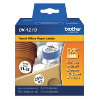Brother DK1219 direct thermal precut label roll contains 1,200 labels, each measuring 15/32 in x 15/32 in. Designed for use with the QL-500 printer series, it supports labeling tasks such as asset tracking, cable marking, and inventory identification