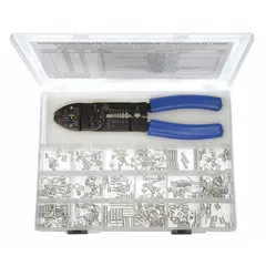 This mixed wire connector and terminal set includes 282 pieces covering wire sizes from 22 AWG to 10 AWG. It is supplied as 18 units of the part and comes with an All-in-One Terminal Tool. Used for terminating, splicing, and connecting wires in electrical wiring tasks.
