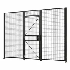 Standard woven-wire machine guard component with powder-coated finish. Includes pull handle, cylinder lock, and mounting hardware. Used to secure access points on industrial machinery, providing physical isolation for operator safety.