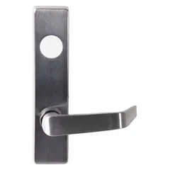 Chrome-finished lever outside trim for mechanical exit devices. ADA compliant. Suitable for doors up to 48 in wide. Used in commercial, institutional, and industrial facilities requiring secure egress.
