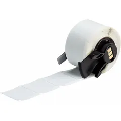 This precut label roll measures 1 in x 1 in and is made of polyester with a metal-detectable feature, colored gray. It is designed for use with the BMP71 printer when equipped with a Media Adapter. Typical applications include asset tracking and identification in environments where metal detection is required to prevent contamination.